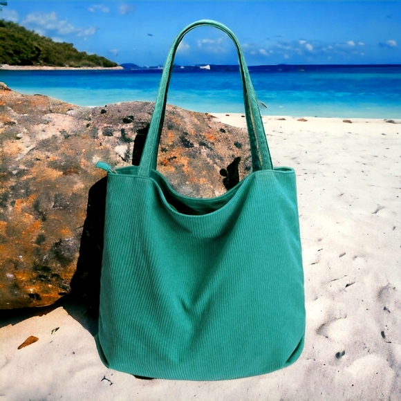 Corduroy Tote Bag, Large Capacity Zipper, New - Picture 1 of 9